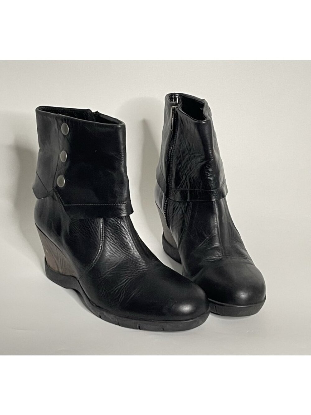 Sanita Maddox Black Leather Fold Over Wedge Ankle Boots EU 39 Women's Booties